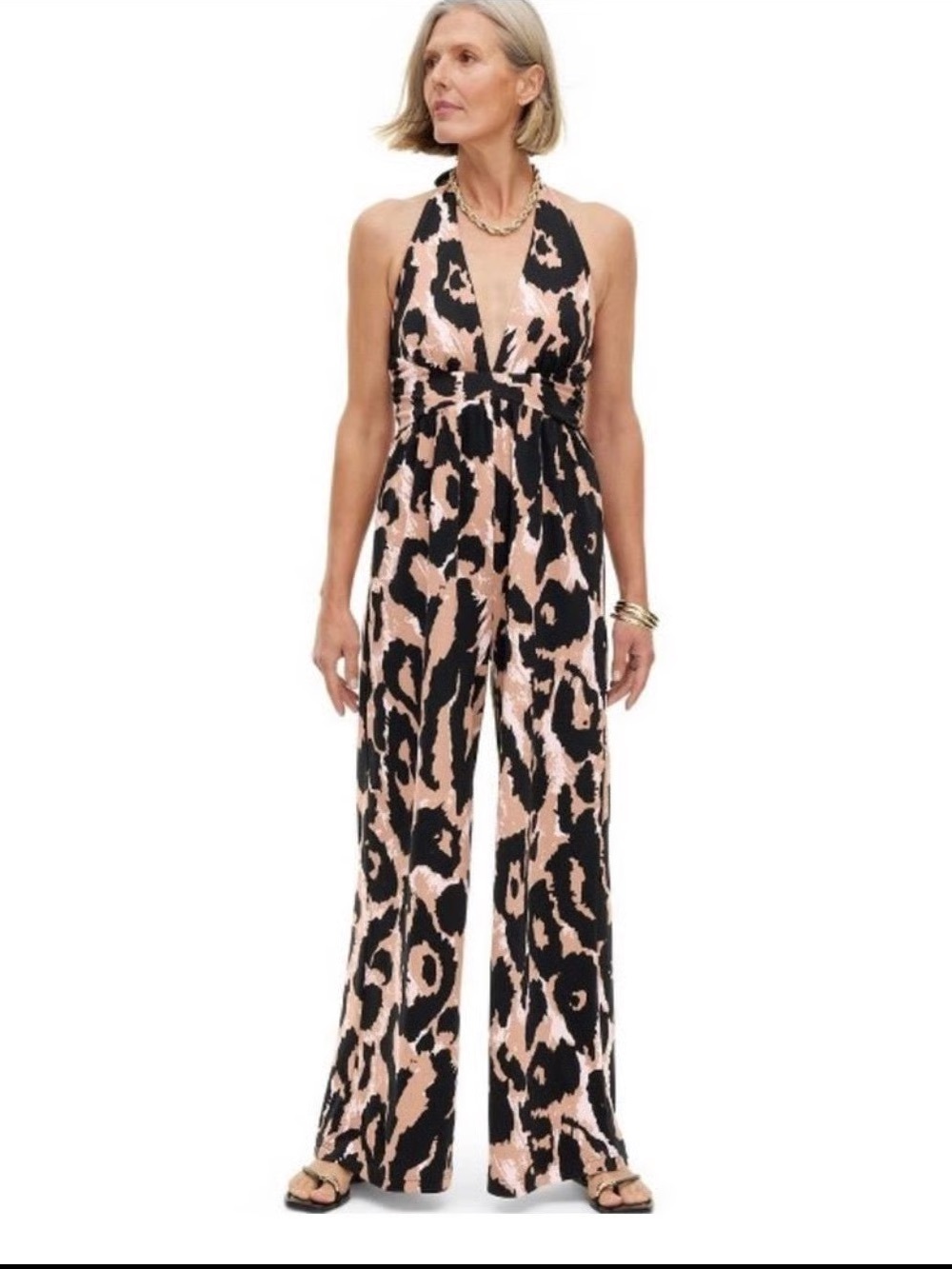 Diane Von Furstenberg Halter Leopard-Print Jumpsuit in Black and Beige